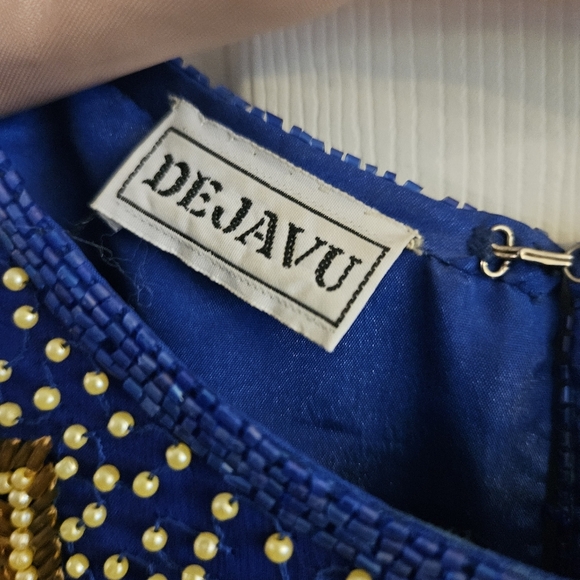 Vintage DejaVu 100% Silk Fully Beaded & Sequined Navy & Gold Size Large - Picture 5 of 7